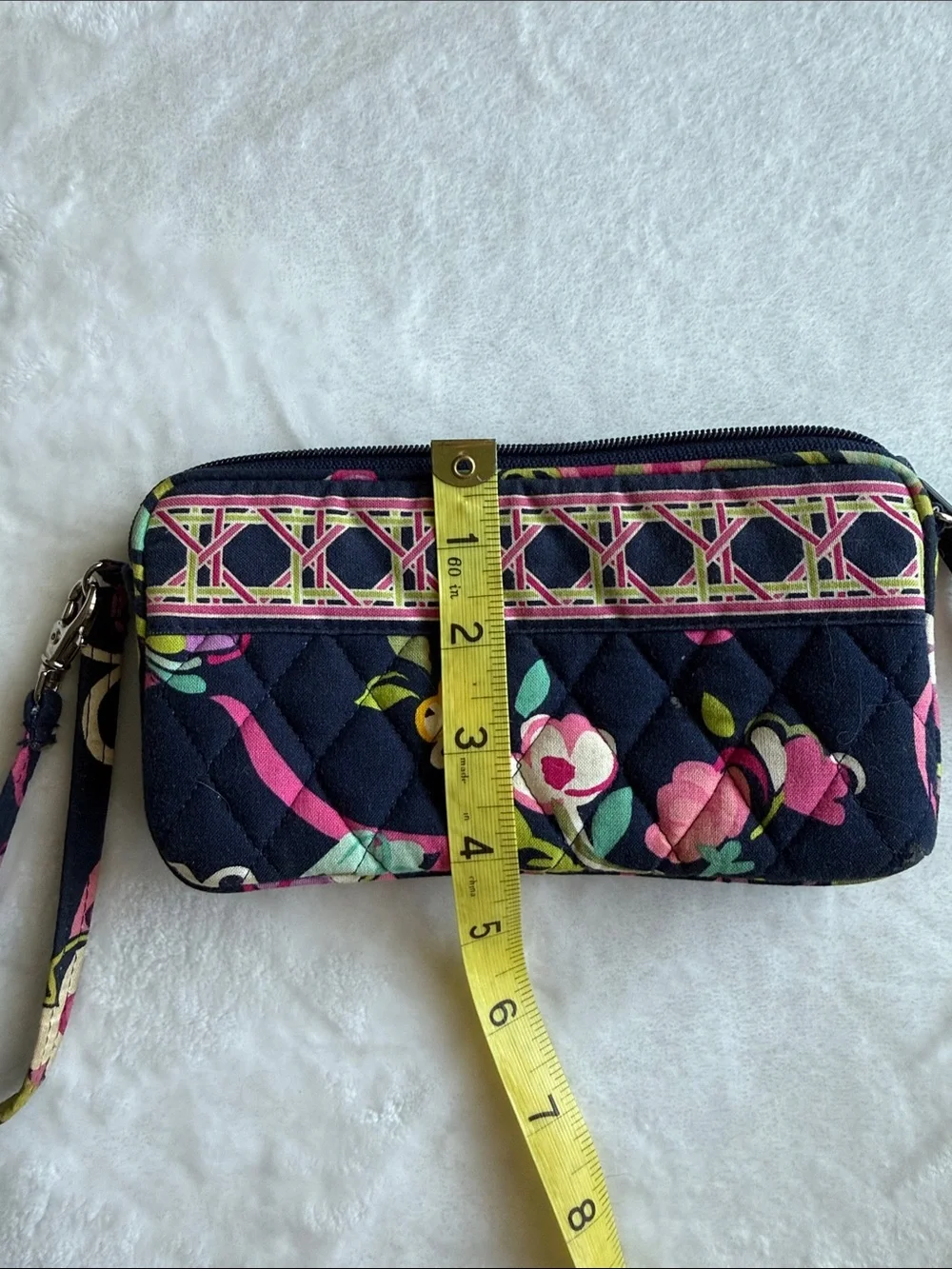 Vera Bradley Navy Quilted Floral Wristlet with Pink and Green Accents